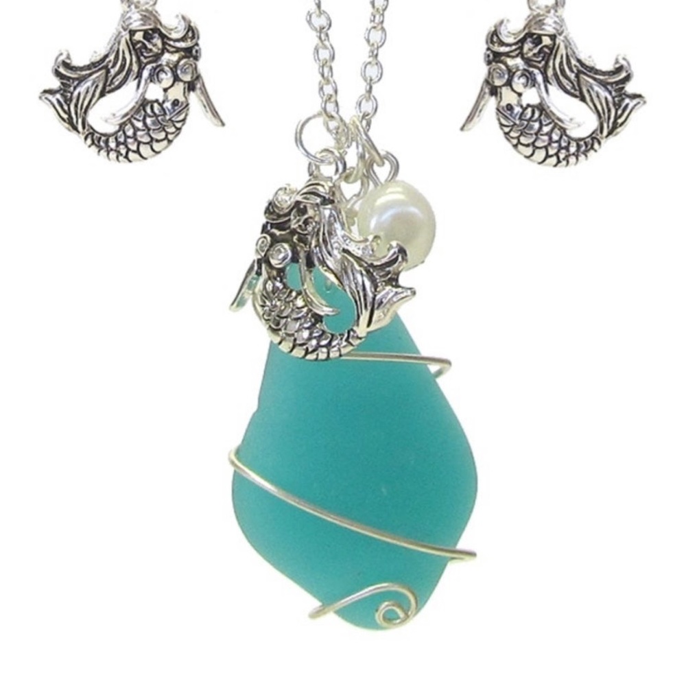 Wire wrap sea glass and pearl pendant necklace set - mermaid